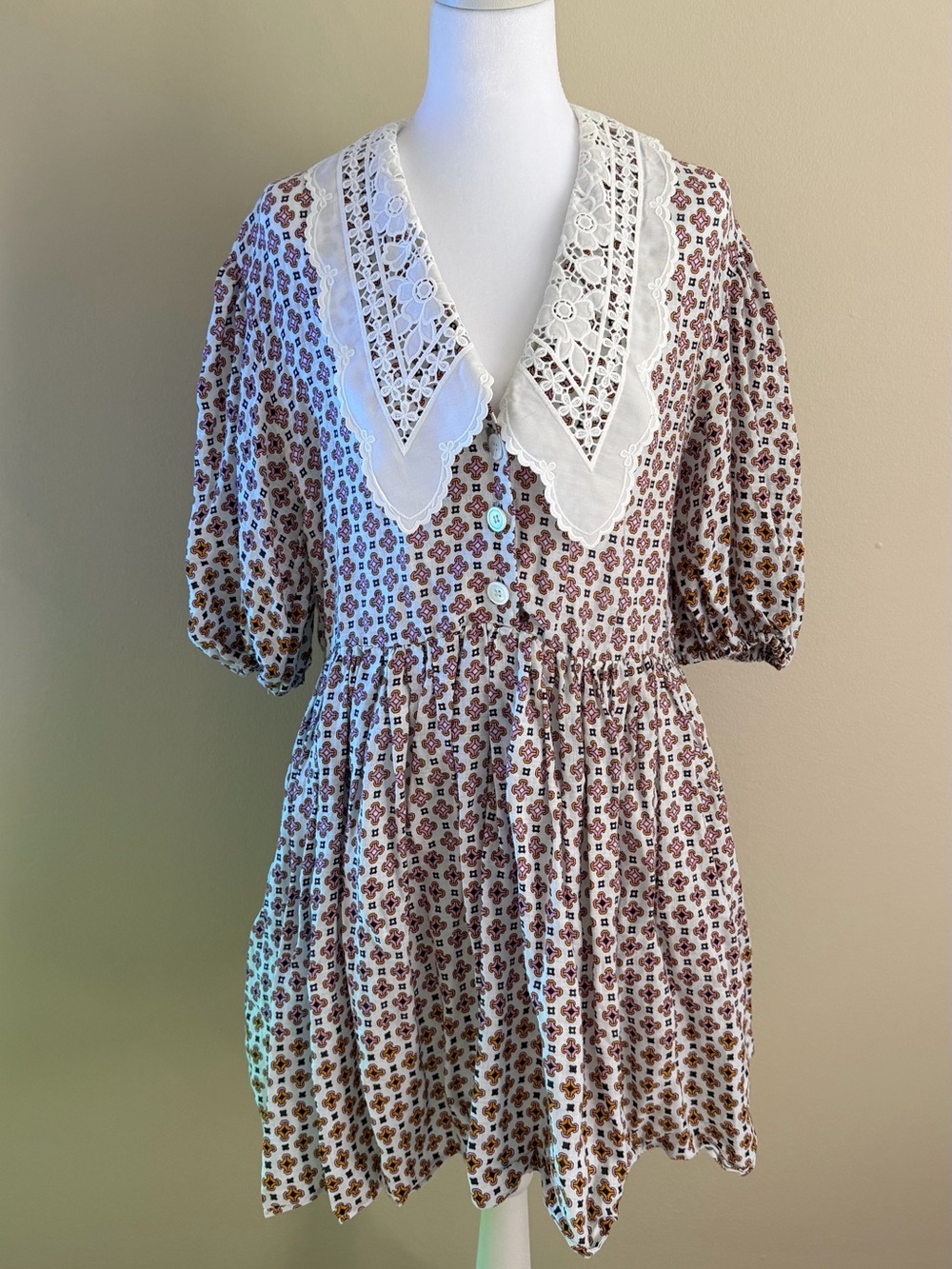 Maje Cream Mini Dress with Brown and Pink Floral Print and Lace Collar